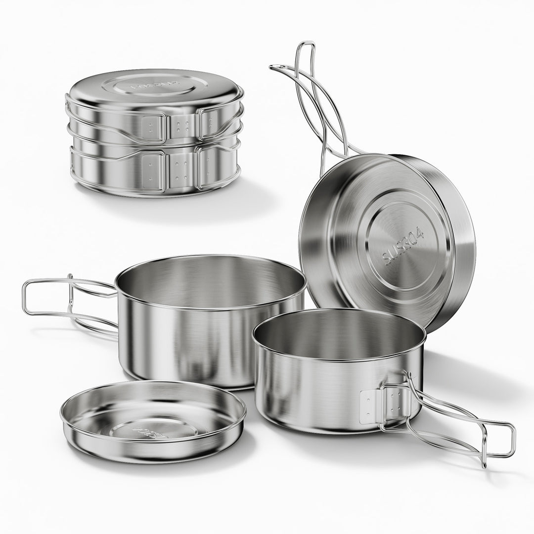 Bestargot 4-teiliges Edelstahl Camping Kochgeschirr – Faltbares Outdoor Topf- & Pfannenset (600ml & 900ml) für Camping, Trekking & Wandern – BestargotCamp DE
