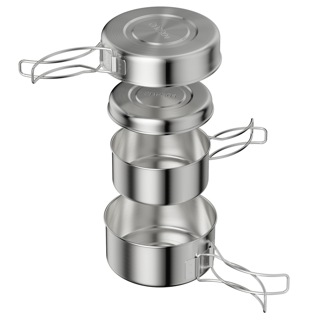 Bestargot 4-teiliges Edelstahl Camping Kochgeschirr – Faltbares Outdoor Topf- & Pfannenset (600ml & 900ml) für Camping, Trekking & Wandern – BestargotCamp DE