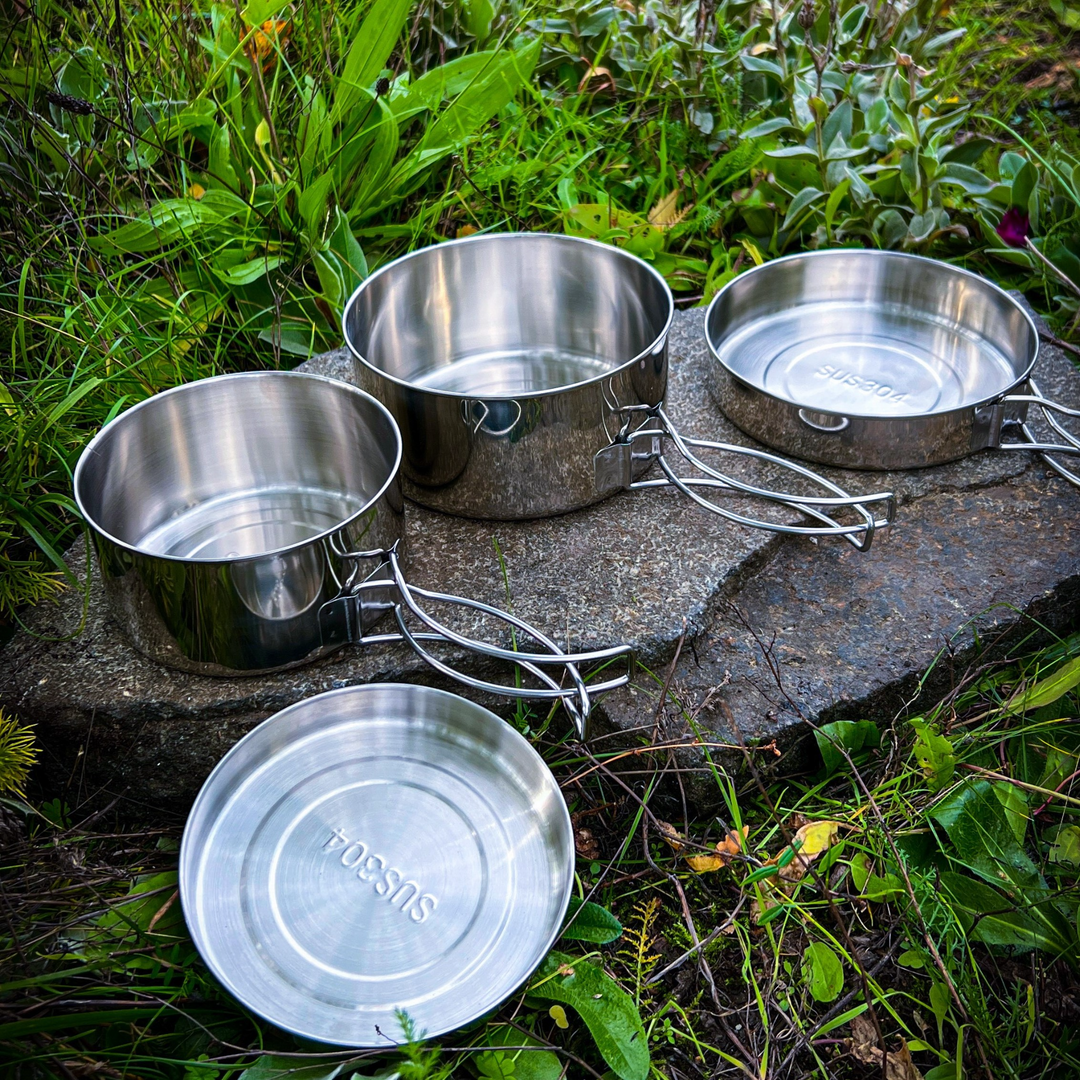 Bestargot 4-teiliges Edelstahl Camping Kochgeschirr – Faltbares Outdoor Topf- & Pfannenset (600ml & 900ml) für Camping, Trekking & Wandern – BestargotCamp DE